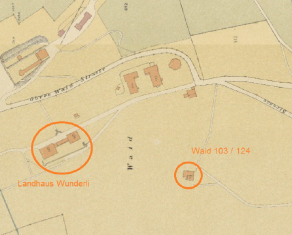 Links das Landhaus Wunderli, rechts eingekreist die Häuser Waid Nr. 103 und 104.