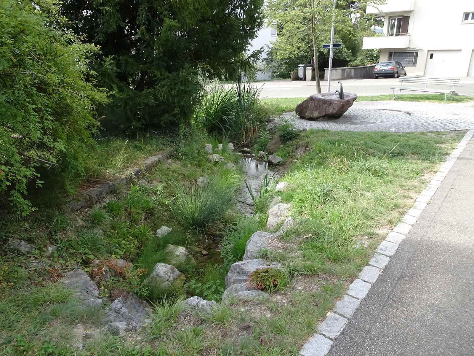 Ungefähr an dieser Stelle, bevor der Waidfussweg in die Wunderlistrasse einmündet, floss auch der ursprüngliche Oerisbac